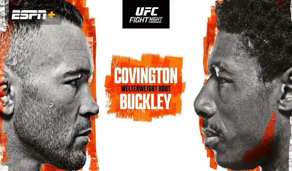 Imagen promocional de la pelea entre Covington y Buckley para el evento UFC on ESPN 63, destacando el combate en la categoría welterweight.