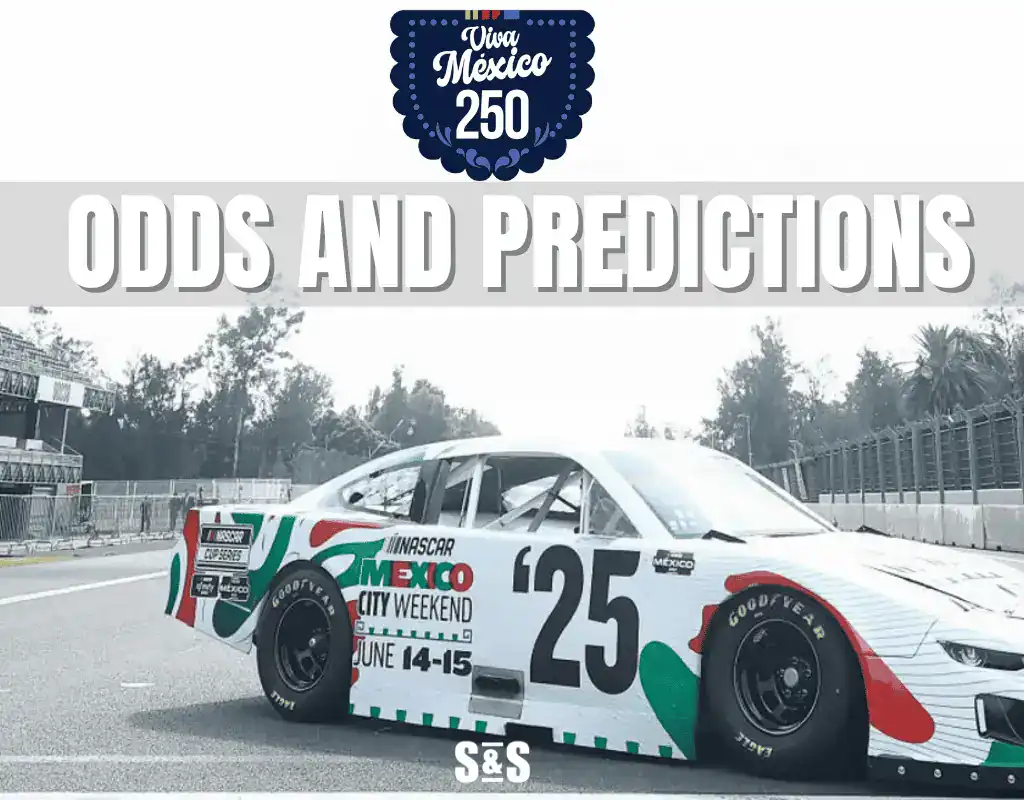 A NASCAR race car featuring Mexican flags, with text overlay "Viva Mexico 250 Odds and Predictions"