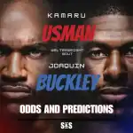 Usman vs Buckley welterweight bout poster with odds and predictions text.