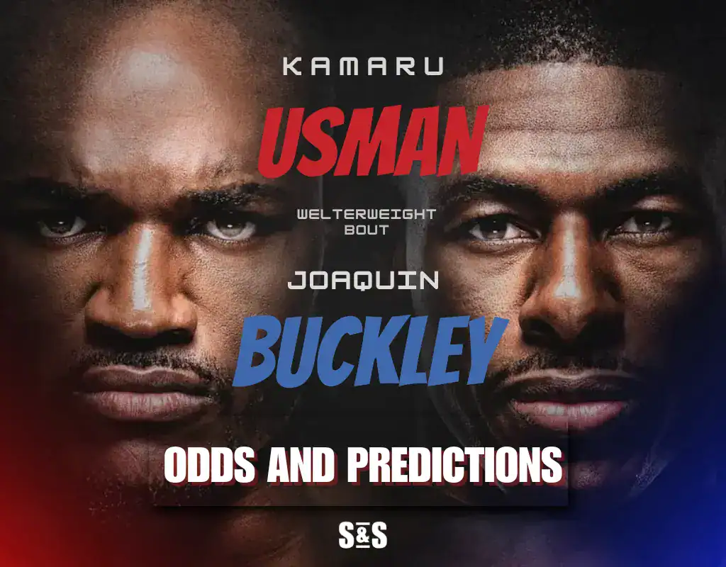 Usman vs Buckley welterweight bout poster with odds and predictions text.