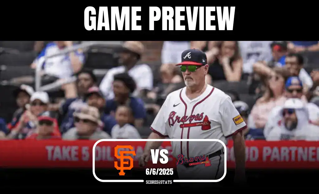 A baseball game preview featuring the San Francisco Giants vs. Atlanta Braves, with an excited crowd in the background.