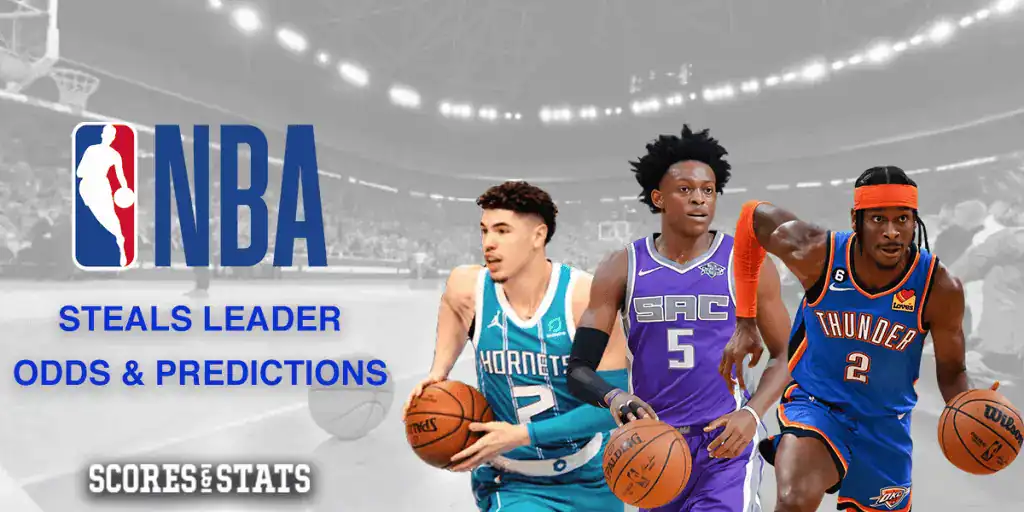 Image showcasing three NBA players in action, alongside the NBA logo, under the headline "Steals Leader Odds & Predictions."