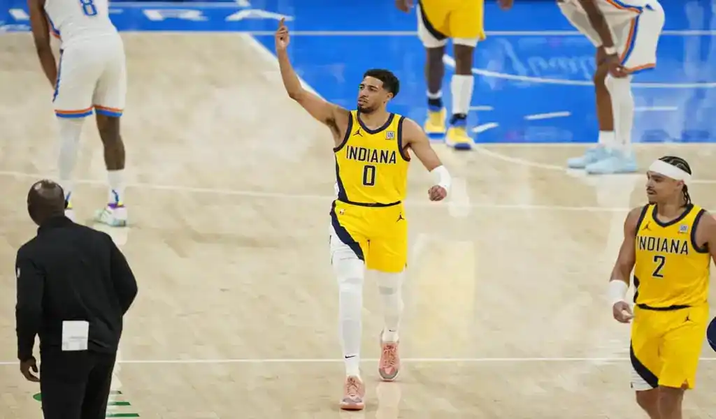 Indiana Pacers player celebrates during game against Oklahoma City Thunder on June 8, 2025