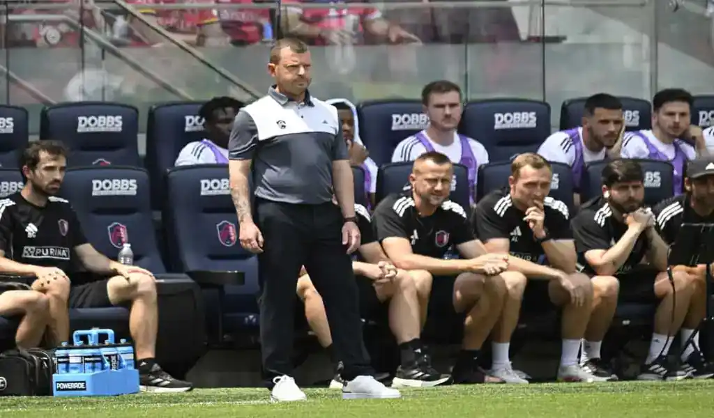 St. Louis City SC coaching staff on sidelines during match against Portland Timbers on June 8, 2025