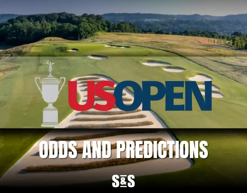 US Open golf tournament poster with odds and predictions text over a scenic course.